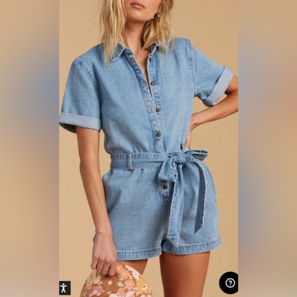 Size Small, Billabong x Salty Blonde Jean Romper with tie - Picture 6 of 6